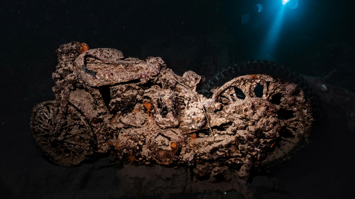 Motorbike inside the Thistlegorm wreck in the Red Sea, Egypt